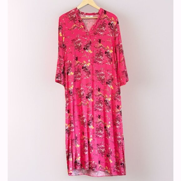 Natori Womens Pagoda Challis Caftan Coral Pink Sz Medium Pockets Travel Vacation - Picture 1 of 13